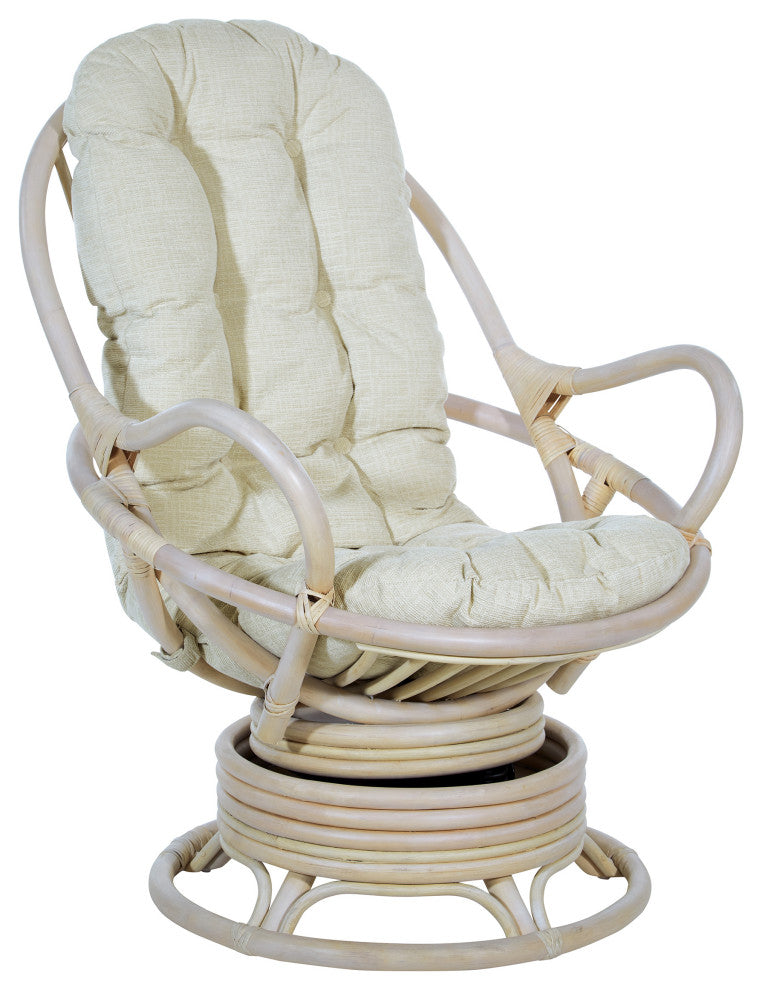 Lanai Rattan Swivel Rocker Chair, Linen Fabric With White Wash Frame