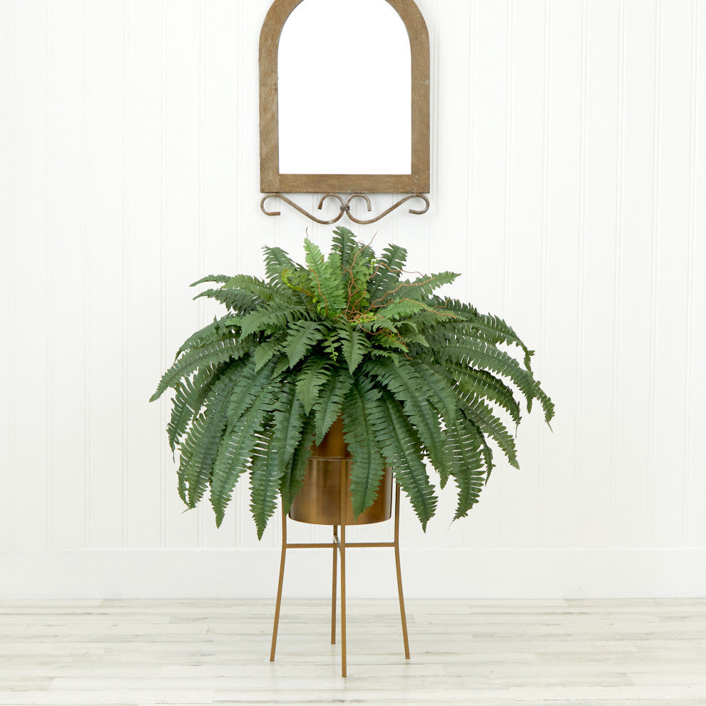 32in. Artificial Boston Fern Plant with Metal Planter with Stand DIY KIT