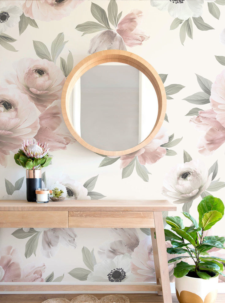 Floral Mural Wall Art Peel and Stick Vinyl Wallpaper, Spring Pink Green, 24"w X 96"h