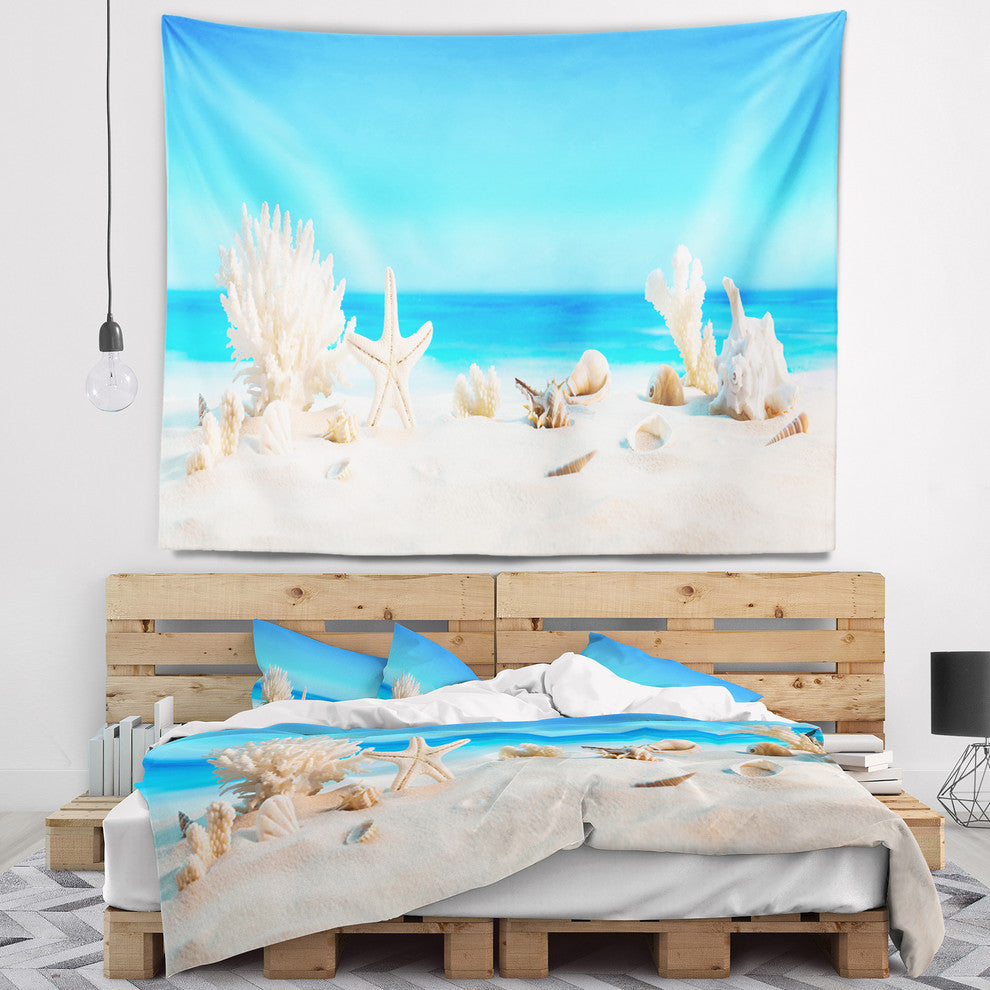 Seashells on Tropical Beach Seashore Photo Wall Tapestry, 80"x68"