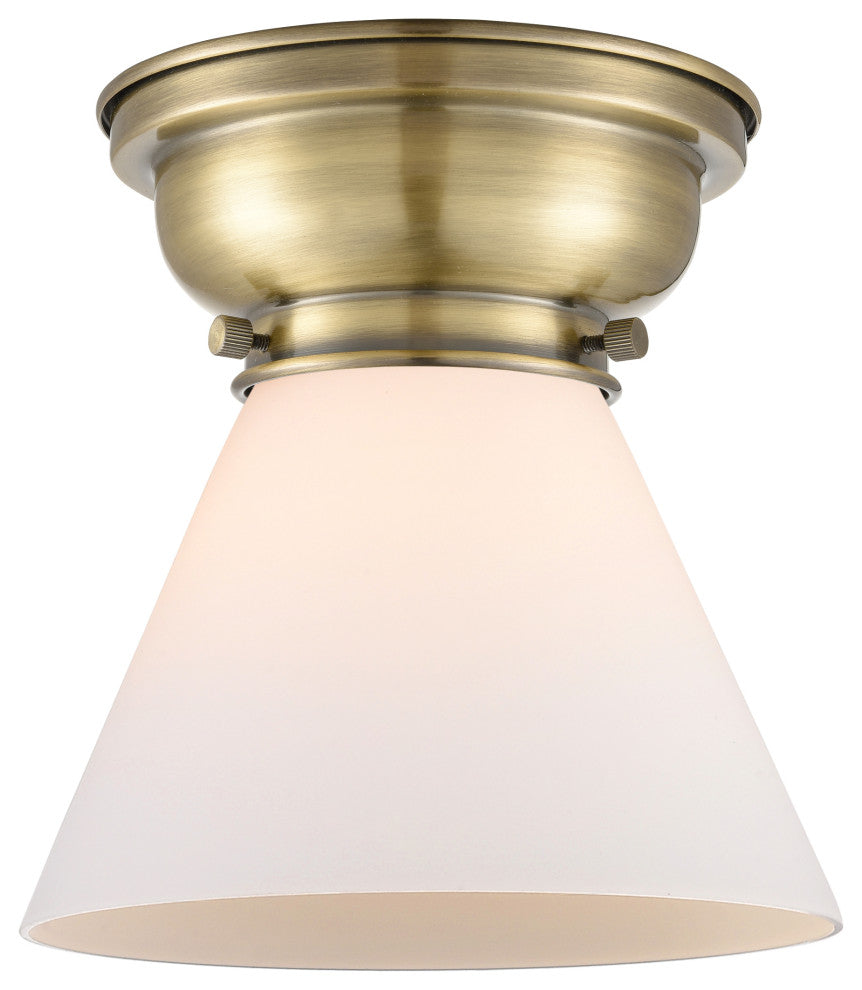 Large Cone 1-Light Flush Mount, Antique Brass, Matte White