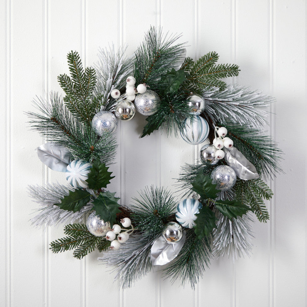 24" Pinecones and Berries Christmas Artificial Wreath With Silver Ornaments