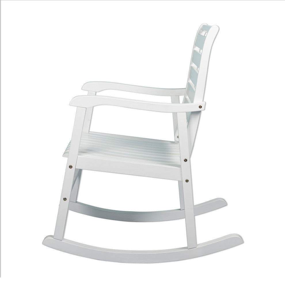 Carey Modern Slat-Back Acacia Wood Patio Outdoor Rocking Chair, White