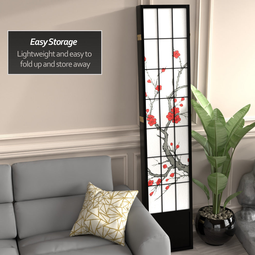 7' Tall Cherry Blossom Shoji Screen, Black, 5 Panels