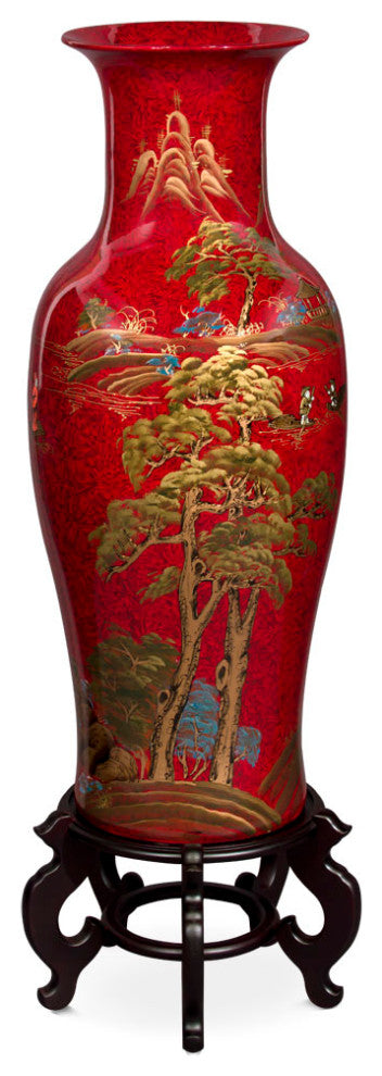 36in Red Lacquer Chinoiserie Scenery Motif Chinese Porcelain Vase