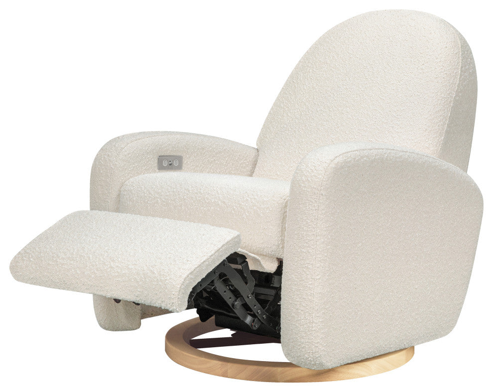 Nami Electronic Recliner and Swivel Glider Recliner, Boucle With USB port, Ivory Boucle With Light Wood Base