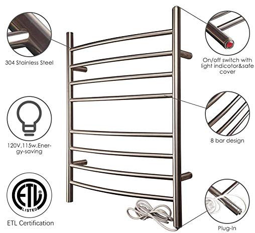 Heatgene Wall Mounted 8 Bar Plug-in Curved Towel Warmer Towel Rack, Brush Polish