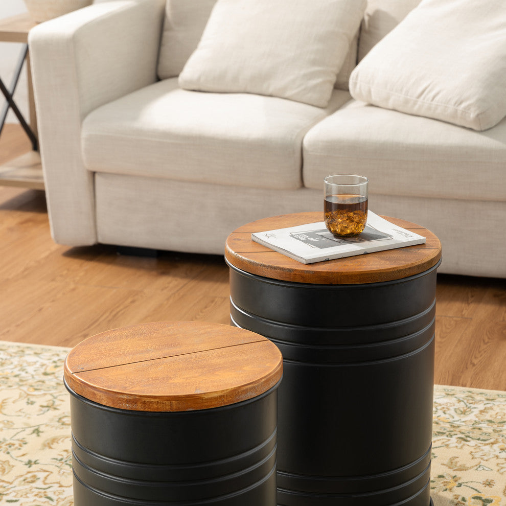 Farmhouse Metal With Solid Wood Seat Storage Stool, Set of 2, Black