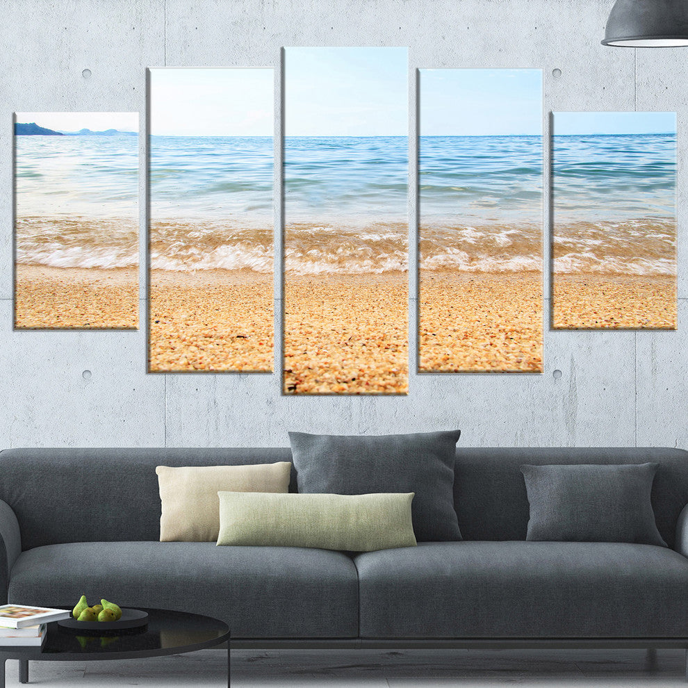 "Blue Seashore With Pebble Stones" Modern Seascape Wall Art, 5 Panels, 60"x32"