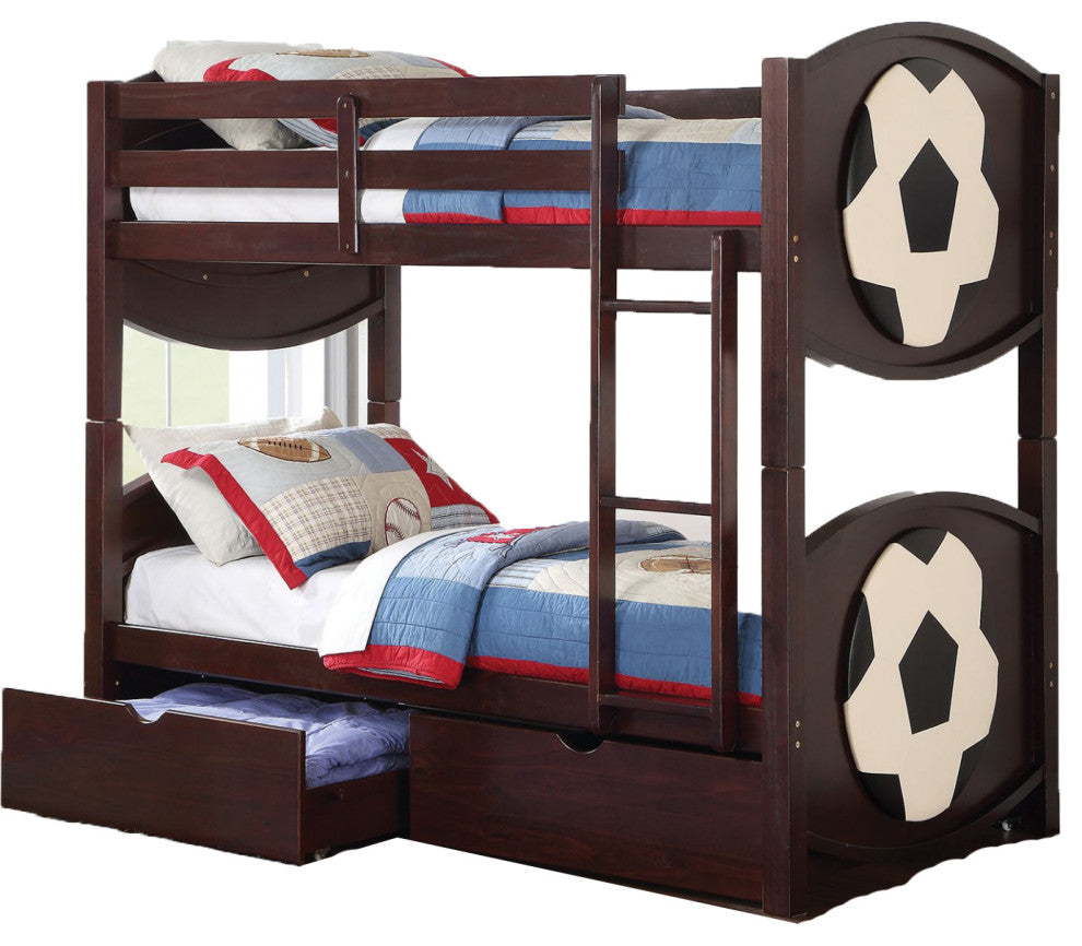 Soccer Twin/Twin Bunk Bed, Espresso Pine wood and Plywood Espresso