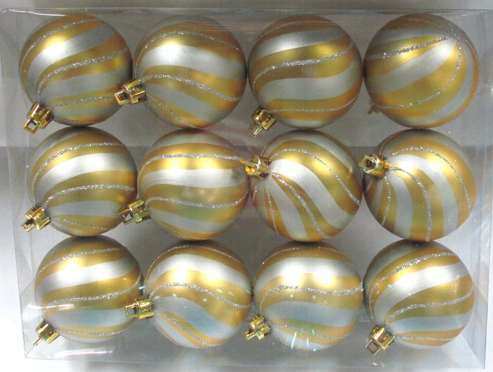 Gold Ball Ornament With Silver Spiral Design, 12-Pack