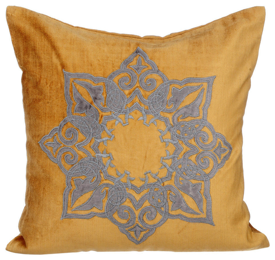 Velvet Applique 24"x24" Cotton Velvet Gold Pillow Sham, Designzillas