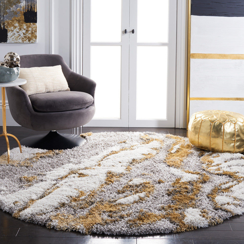 Safavieh Horizon Shag Collection HZN890D Rug, Grey/Gold, 3' X 3' Round