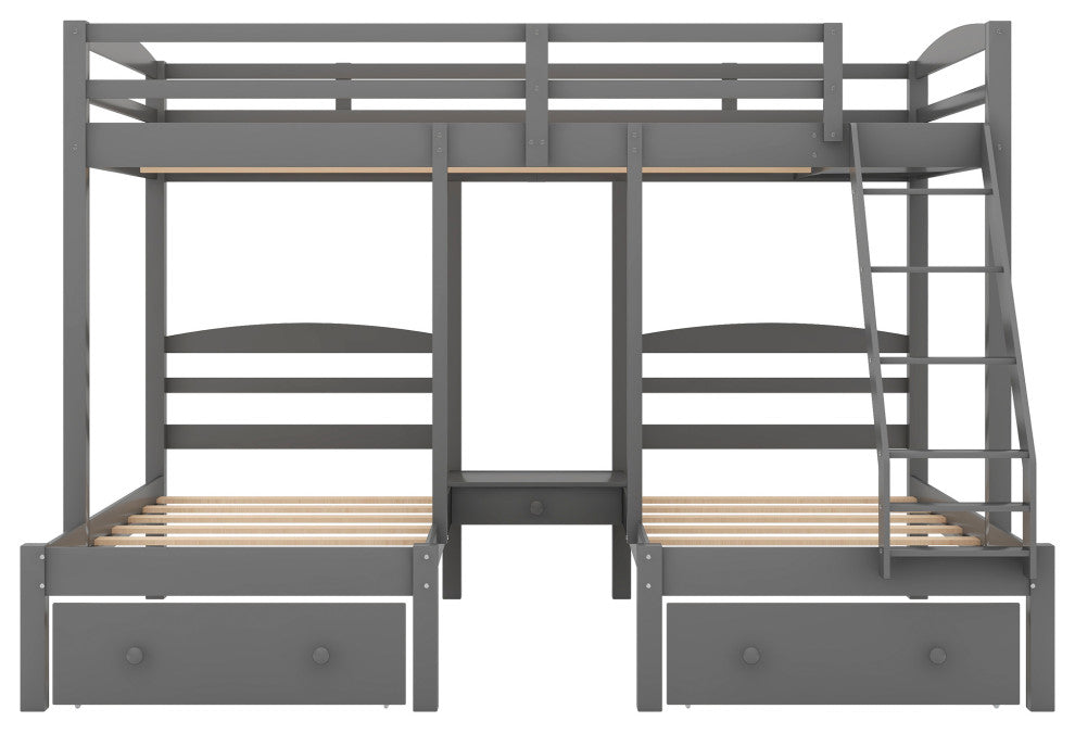 Gewnee Wood Full Over Twin & Twin Triple Bunk Bed with Drawers in Gray