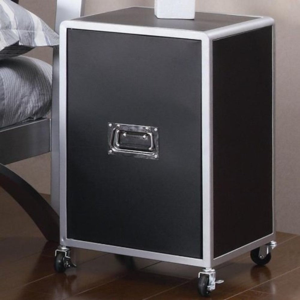 Cabinet Nightstand With Casters, Black and Silver
