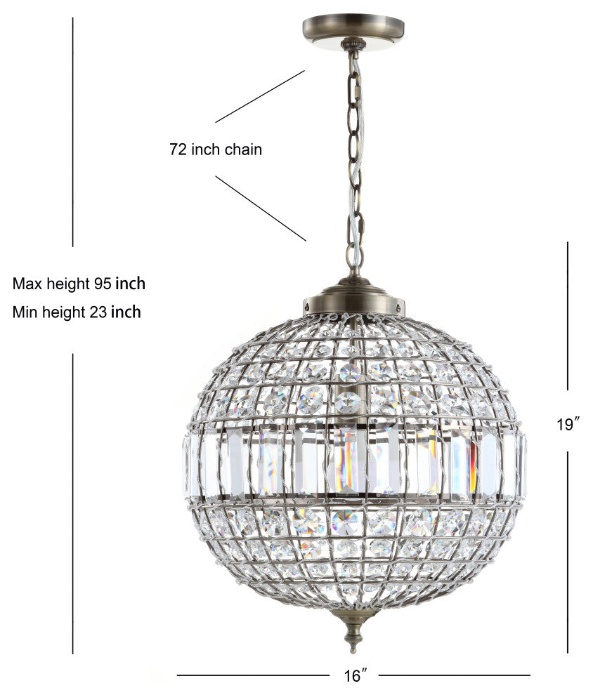 Georgina Crystal, Metal LED Chandelier Pendant, Antique Brass, 16"