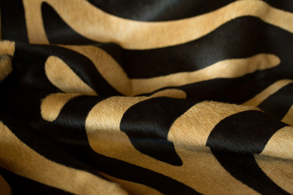 Togo Cowhide Rug, Zebra Black on Tan, 6'x7'