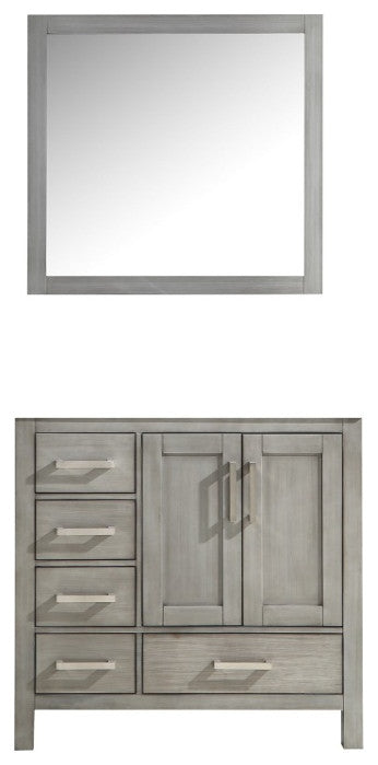 Jacques 36" Distressed Gray Single Bath Vanity Cabinet, 34" Wall Mirror Right