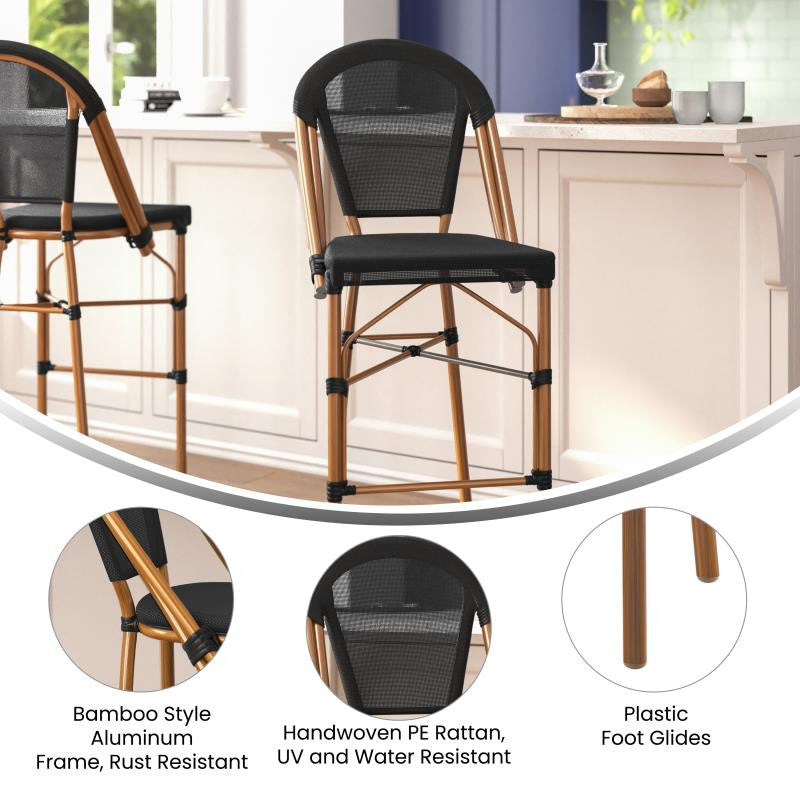 Marseille Stackable Indoor/Outdoor Bistro 30" High Barstool, Commercial Grade, Black/Natural Frame