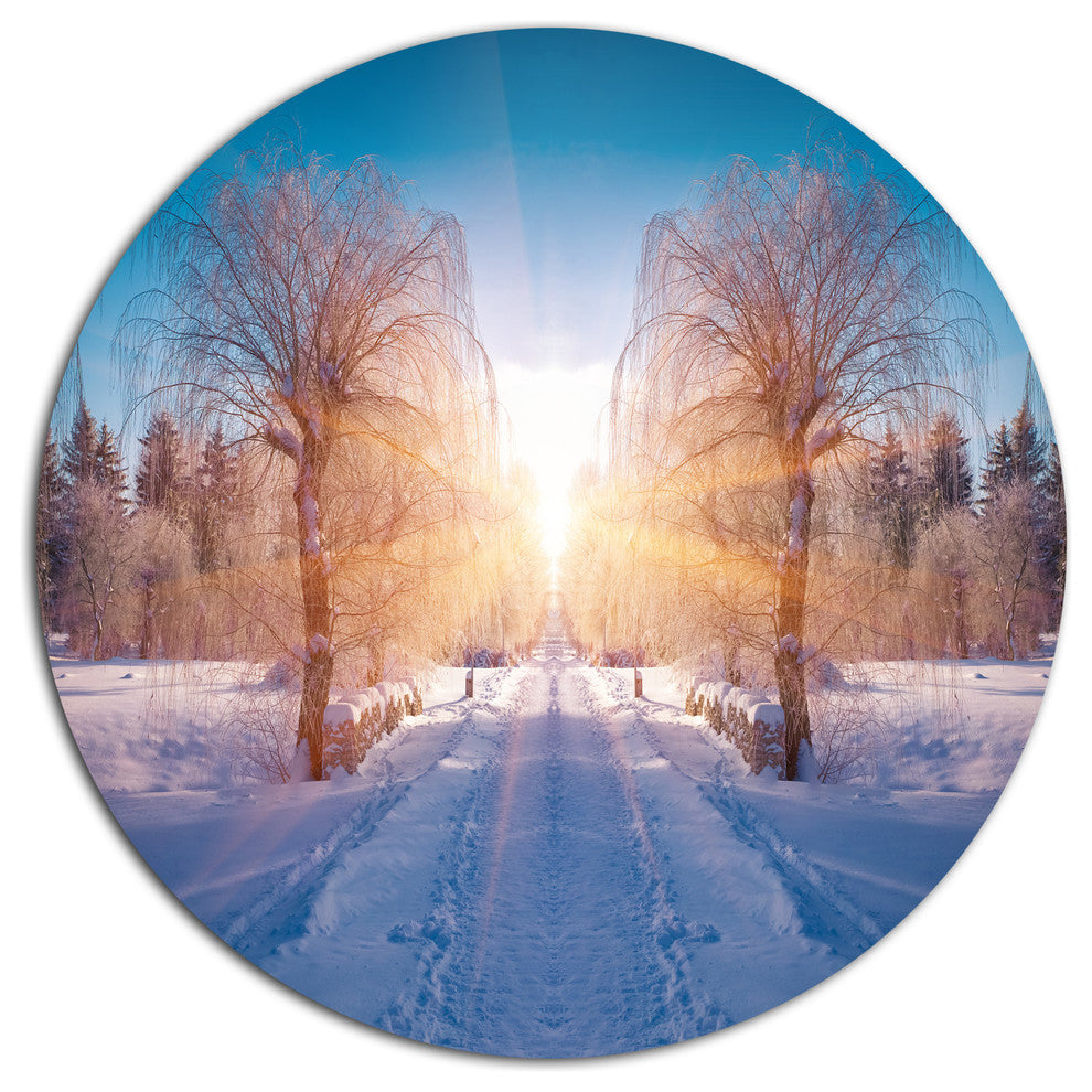 Winter Landscape In City Park, Landscape Disc Metal Artwork, 23"