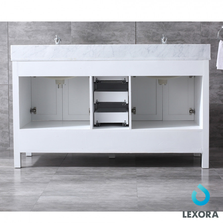 Jacques 60" Double Vanity Cabinet Carrara Marble Top Sinks, 58" Wall Mirror