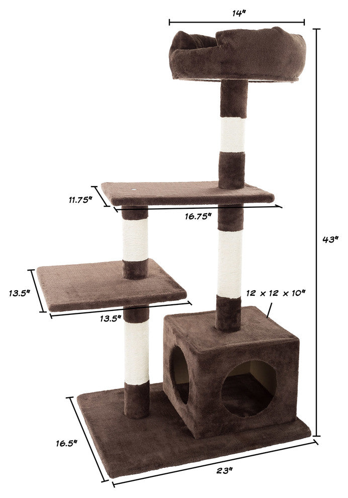 4-Tier Cat Tree 43" Brown White Scratching Posts, Perch Platforms, and Cat Condo