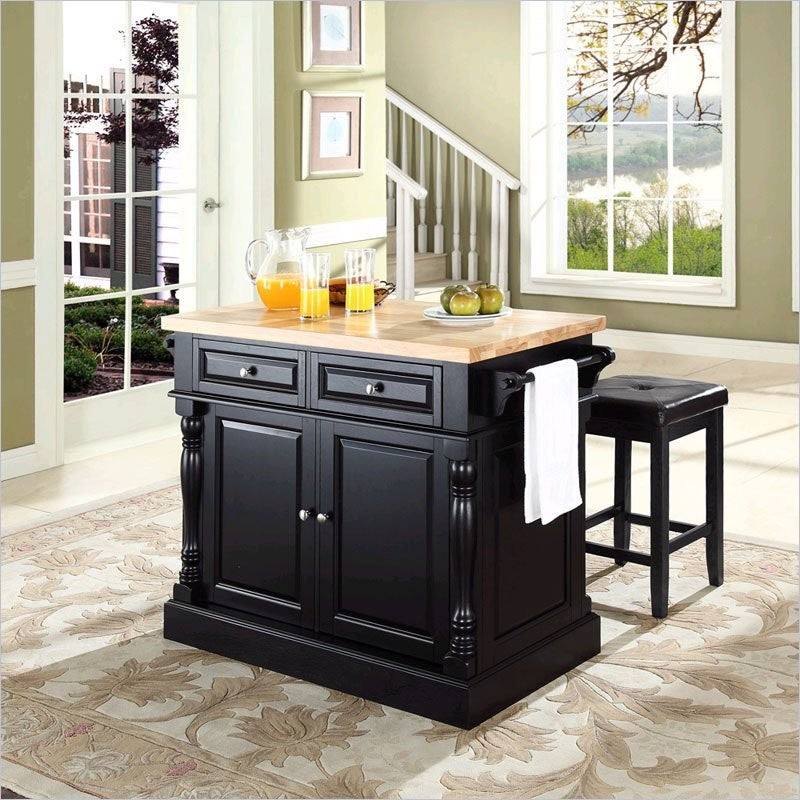 Butcher Block Top Kitchen Island, Black Finish