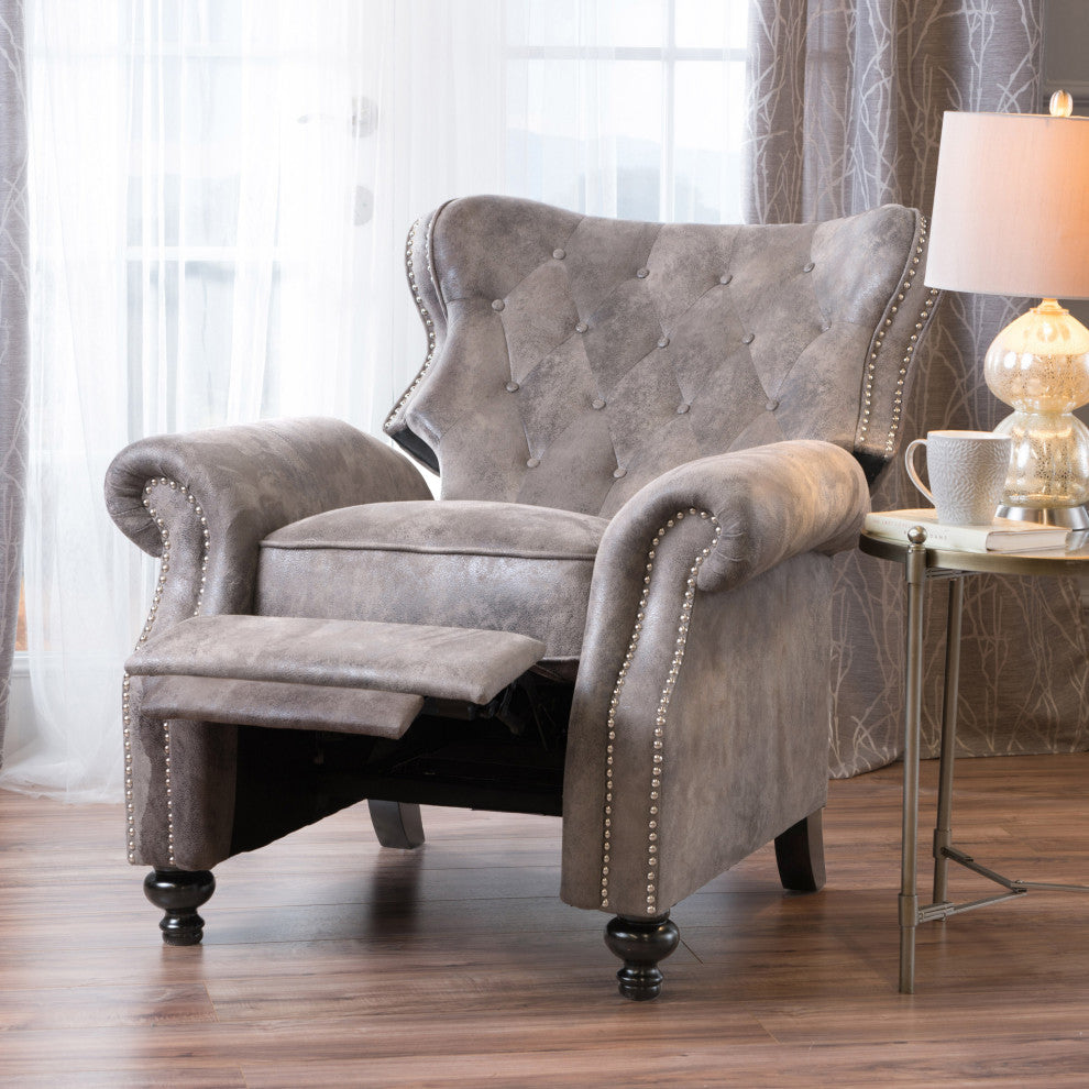 GDF Studio Walder Contemporary Tufted Fabric Recliner with Nailhead Trim, Warm Stone