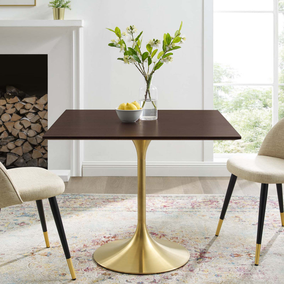 Dining Table, Square, Wood, Gold Dark Brown Brown Walnut, Cafe Bistro Restaurant