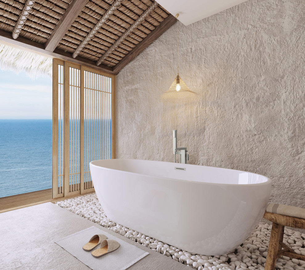 Aaron 77" Soaking Bathtub, Glossy White With Brushed Nickel Trim