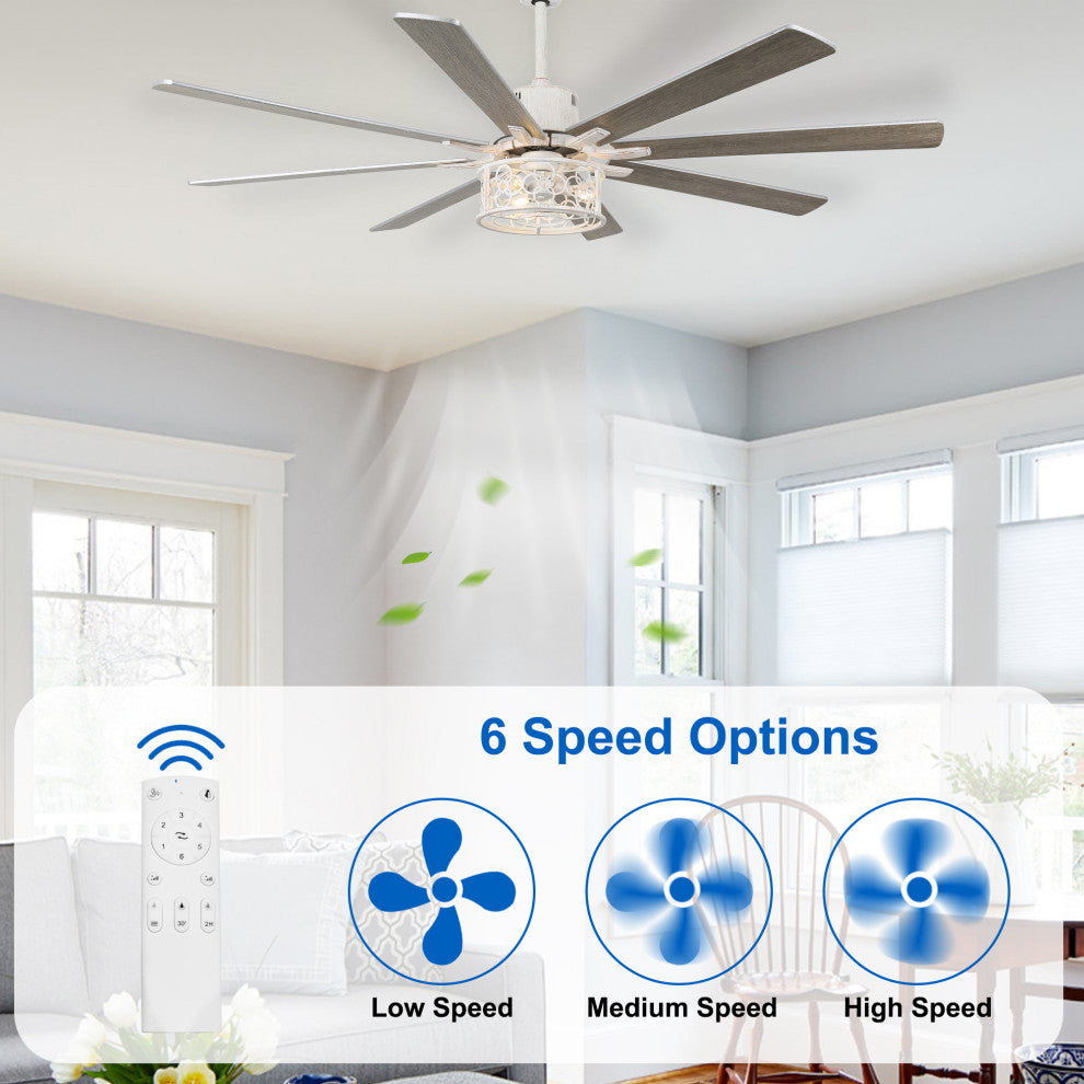72" Antique Large Ceiling Fan with Light Kit, 8 Wood Blades Ceiling Fan, Chrome