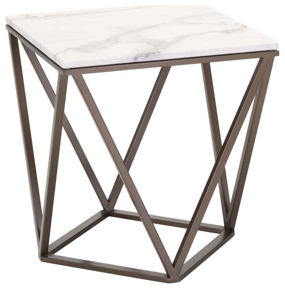 Sofa Side Table, Square, Artificial Marble, Sttel Metal, White, Antique Brass