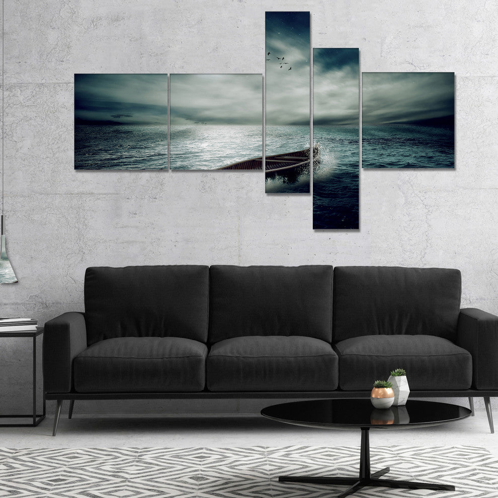 Boat Drifting Away After Storm, Seashore Canvas Art Print, 60"x32", 5 panels
