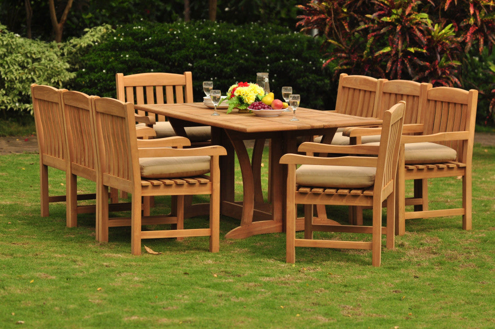 9-Piece Outdoor Patio Teak Dining Set, 69" Warwick Table, 8 Devon Arm Chairs