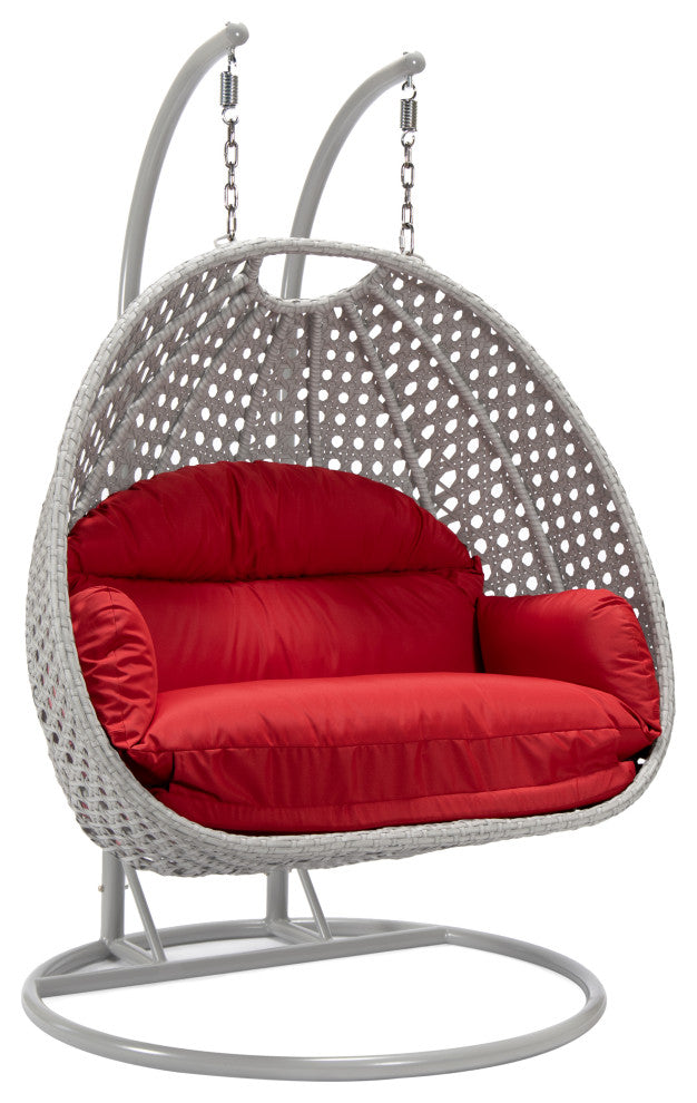 LeisureMod Mendoza Light Gray Wicker Hanging Double Egg Swing Chair, Red