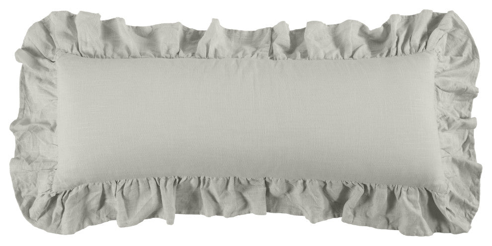Washed Linen Ruffled Lumbar Pillow, 14" x 36", Gray, 1PC