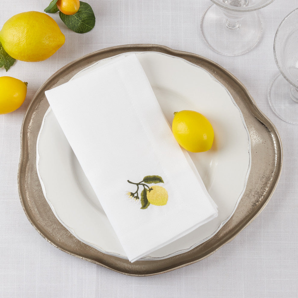 EmbroideredTable Napkins With Lemon Design (Set of 4), White, 20"x20"