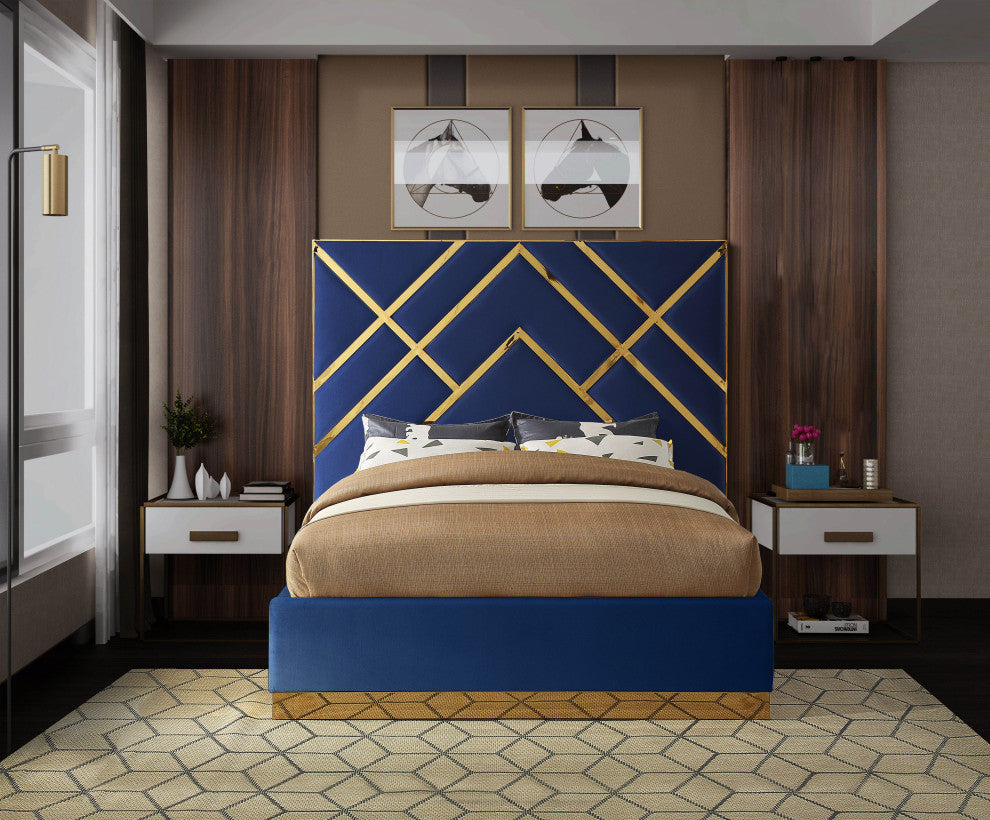 Vector Upholstered Bed, Navy, Queen, Velvet