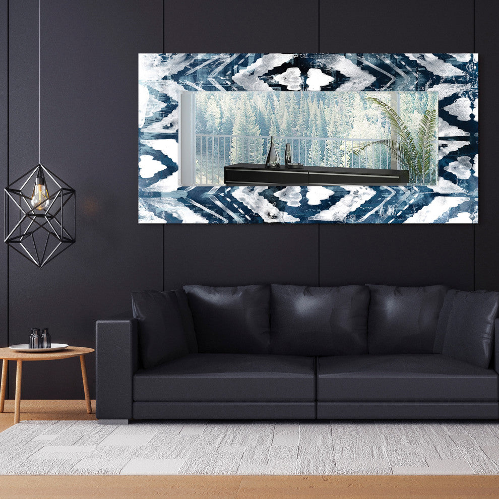 Abstract Rectangular Beveled Mirror on Free Floating Printed Tempered Art Glass