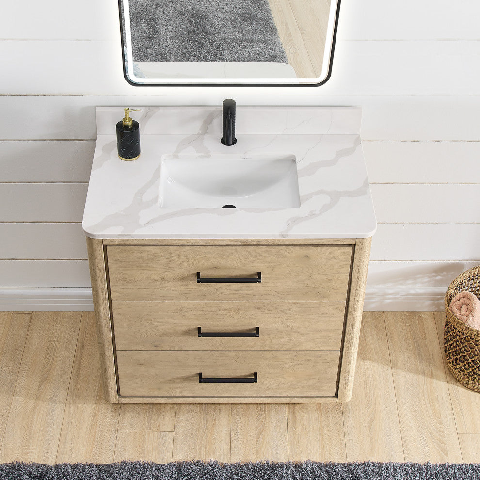 Porto Bath Vanity with White Quartz Stone Top, Natural Oak, 36 in., No Mirror