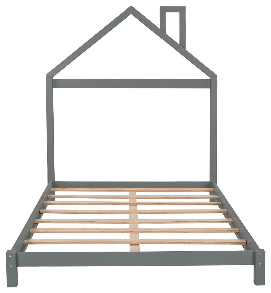 Gewnee Wood Full Size Platform Bed with House Shaped Headboard in Gray