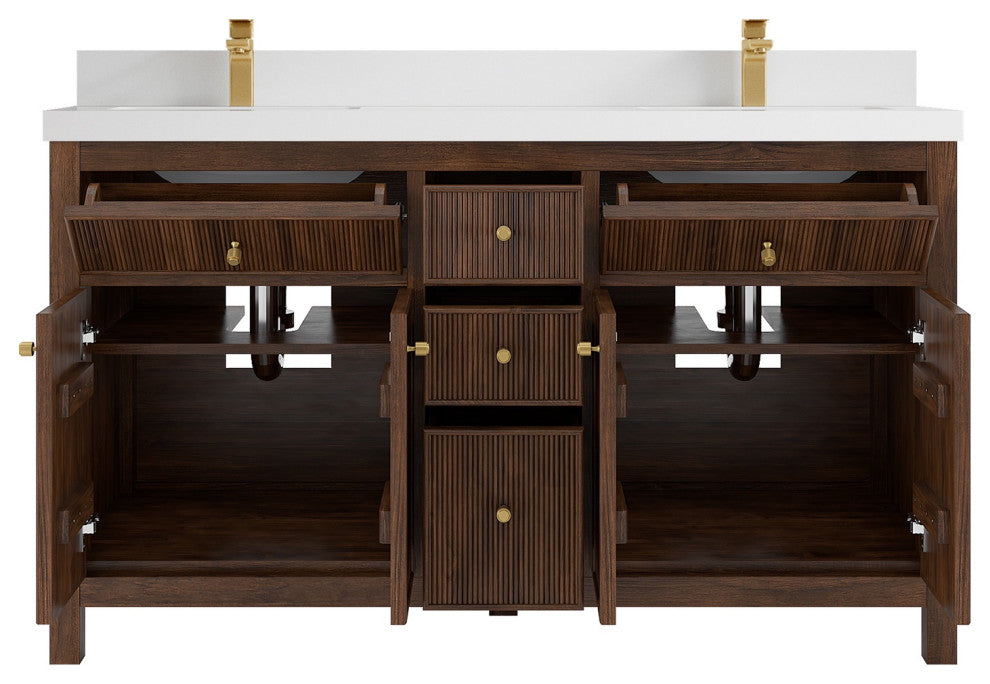Sonoma Teak 60" Double Vanity, Dark Walnut With 2" White Quartz