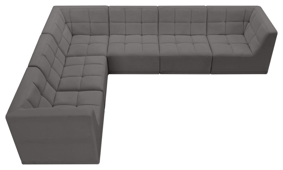 Relax Velvet Upholstered 6-Piece L-Shaped Modular Sectional, Grey