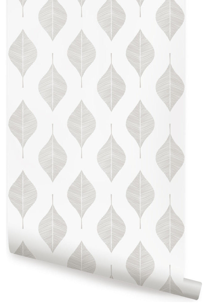 Line Leaves Peel and Stick Vinyl Wallpaper, Warm Gray, 24"w X 108"h