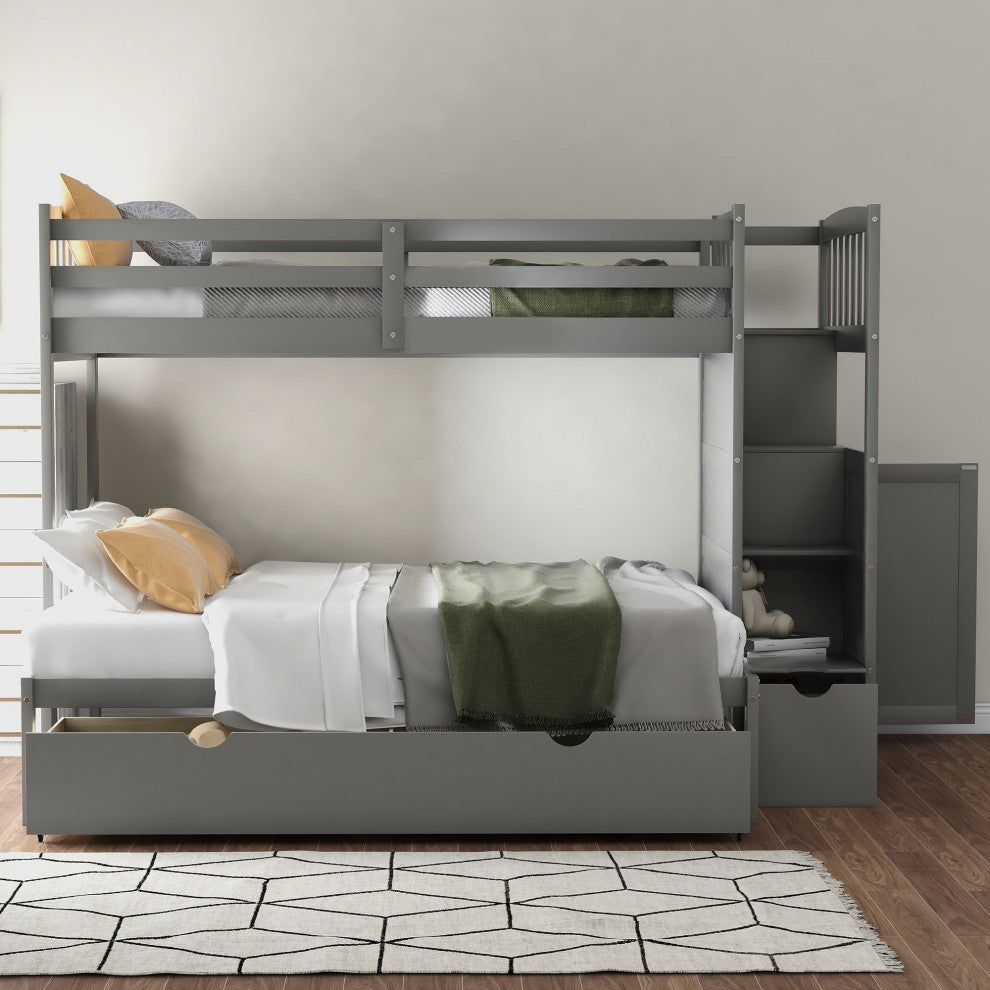 Twin over Full/Twin Bunk Bed, Convertible Bottom Bed, Storage Shelves, Gray