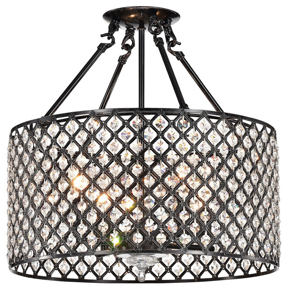 Marya 4-Light Antique Black Beaded Drum Semi Flush Mount Crystal Chandelier