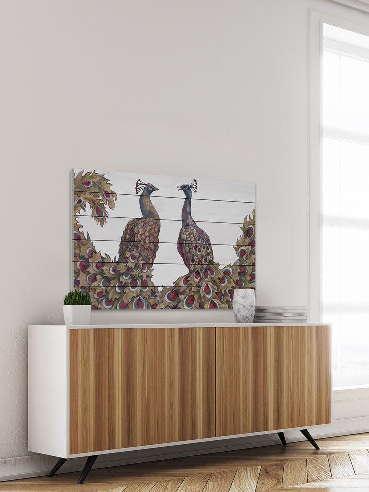 "Peacock Partner I" Painting Print on White Wood, 36"x24"