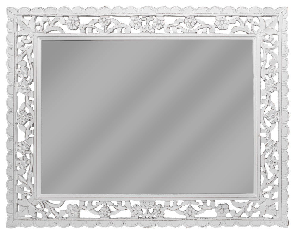 American Art Decor Hand-Carved Floral Wood Panel and Decor Mirror, White