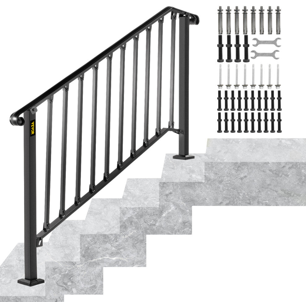 Wrought Iron Handrail Outdoor Stair Rail with Installation Kit, Black, Fit 4-5 Steps