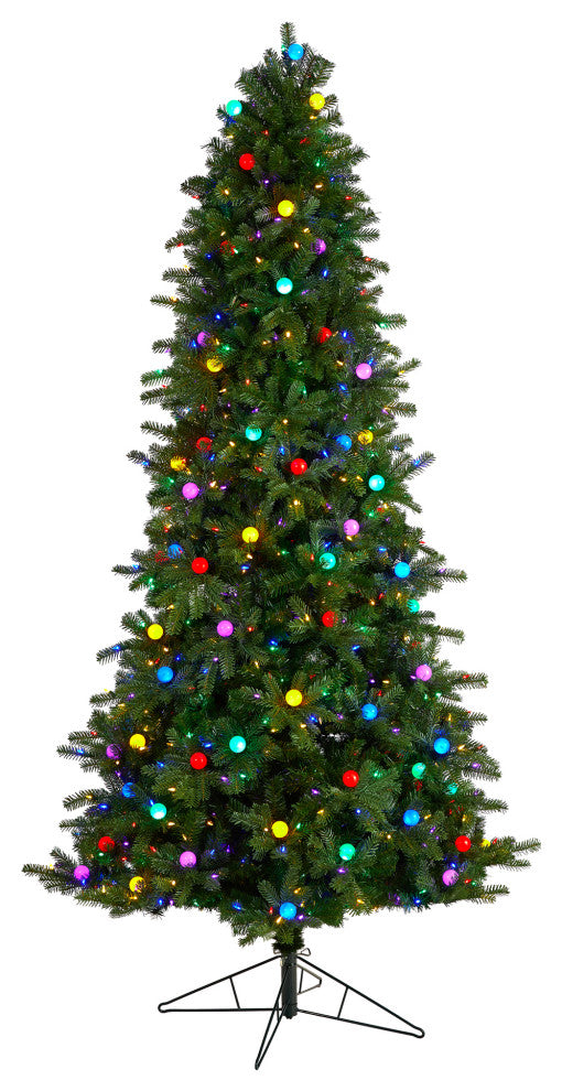 8.5' Montana Mountain Fir Faux Xmas Tree W/Multicolor Lights & Globe Bulbs